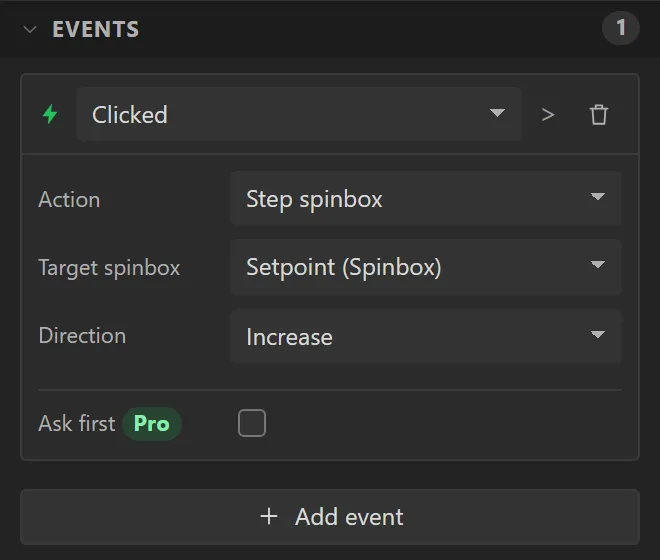 The plus button's Events: Clicked, Step spinbox, Target spinbox Setpoint (Spinbox), Direction Increase.