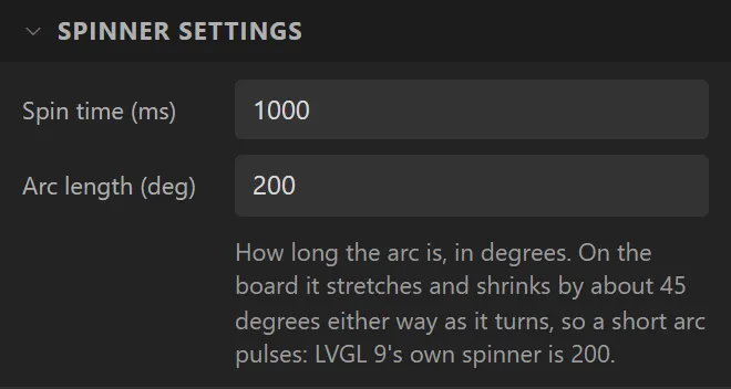 The Spinner settings section: Spin time 1000 ms, Arc length 200 degrees.