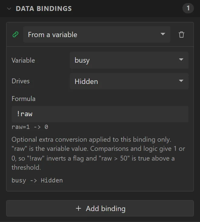 The spinner's Data bindings: Variable busy, Drives Hidden, Formula !raw.