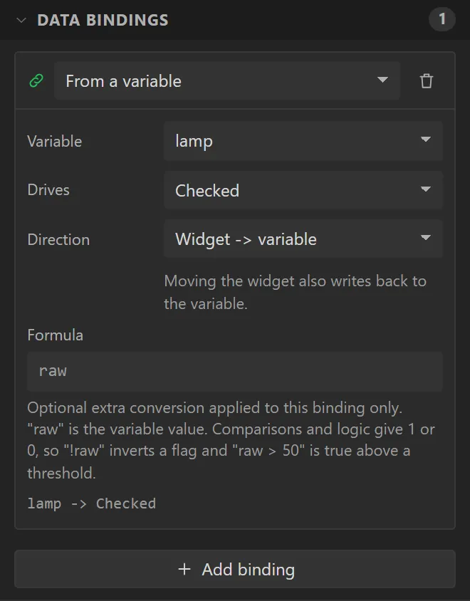 The switch's Data bindings: Variable lamp, Drives Checked, Direction Widget -> variable.