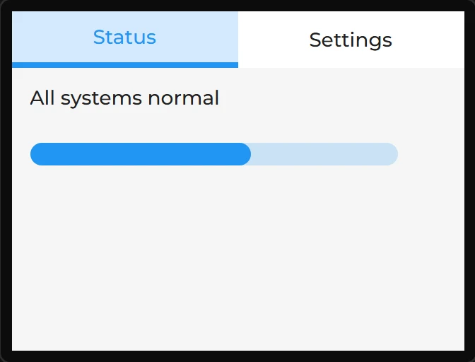 The Tabview filling the screen with the Status tab lit: the words All systems normal and a blue bar.