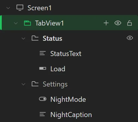 The Hierarchy: TabView1 with a row for Status holding StatusText and Load, and a row for Settings holding NightMode and NightCaption.