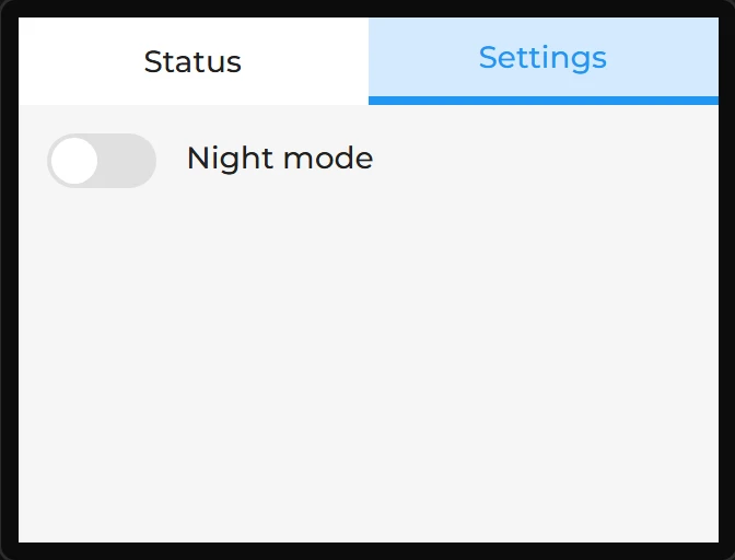 The same Tabview with the Settings tab lit: a switch and the words Night mode.