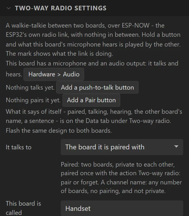 The top of the Two-way radio settings: what it is, Hardware > Audio, Add a push-to-talk button, Add a Pair button, It talks to The board it is paired with.