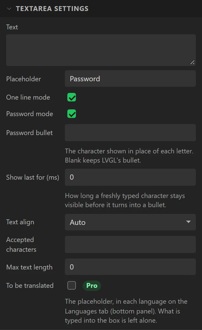 The Textarea settings section with Placeholder Password and both One line mode and Password mode ticked.