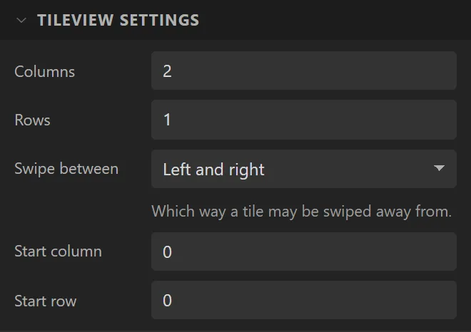 The Tileview settings section: Columns 2, Rows 1, Swipe between Left and right, Start column 0, Start row 0.