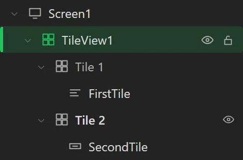 The Hierarchy: TileView1 with rows Tile 1, holding FirstTile, and Tile 2, holding SecondTile and marked as the tile in sight.