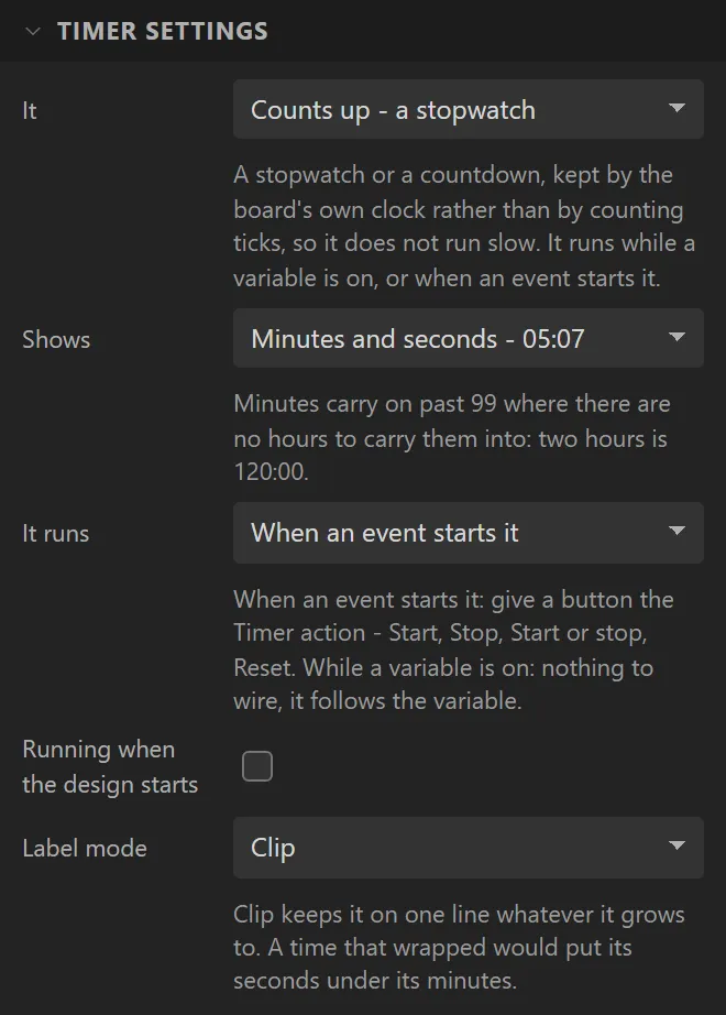 Timer settings: It Counts up - a stopwatch, Shows Minutes and seconds - 05:07, It runs When an event starts it, Running when the design starts, Label mode Clip.