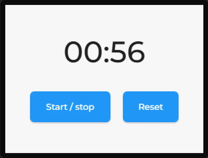 Preview: the countdown at 00:56 in large digits, with Start / stop and Reset buttons under it.