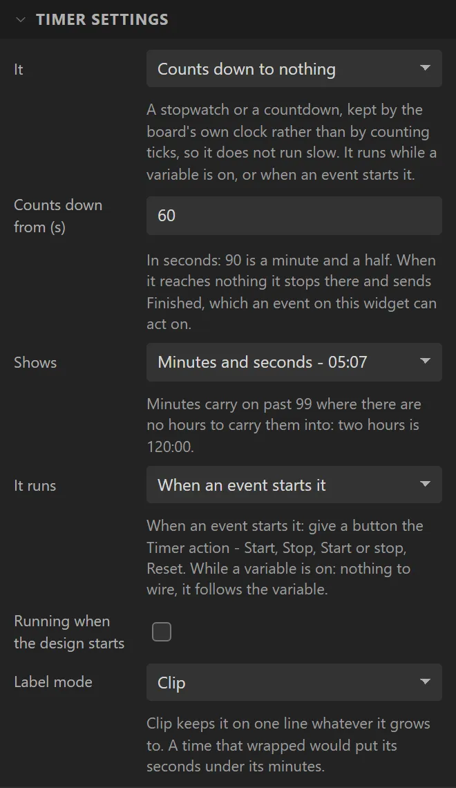 Timer settings for the countdown: It Counts down to nothing, Counts down from 60 s, Shows Minutes and seconds, It runs When an event starts it.