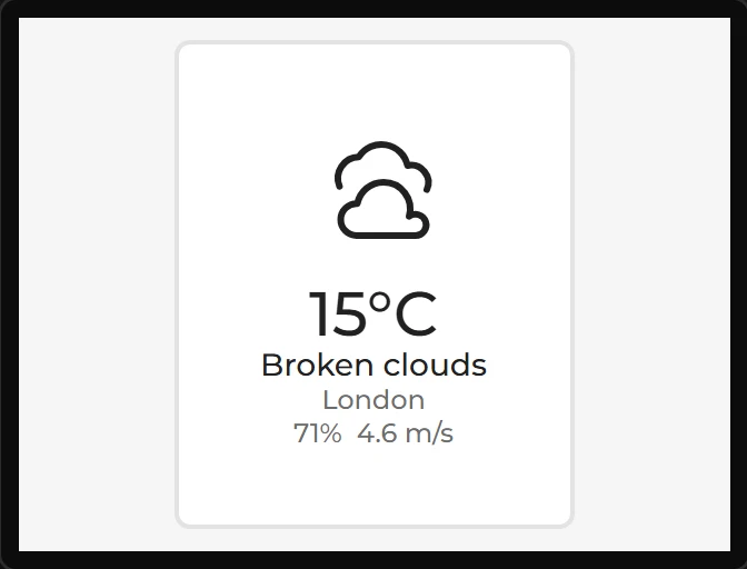 The Weather card in a column: a large cloud icon, 15°C, Broken clouds, London, and 71% 4.6 m/s.