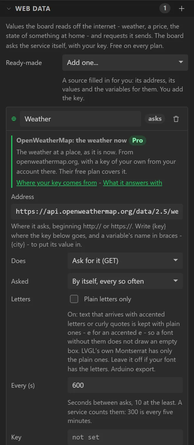 The Data tab's Web data section with the source Weather from the OpenWeatherMap preset: its address, Does Ask for it (GET), Asked By itself, every so often, Every 600 s, and Key not set.