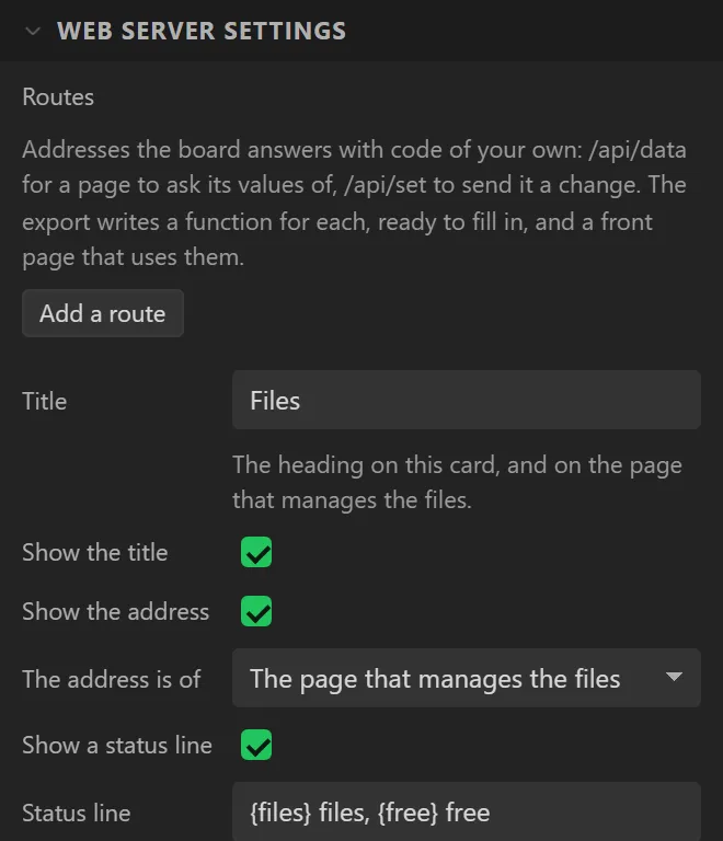 The first of the Web server settings: Routes with an Add a route button, Title Files, Show the title, Show the address, The address is of, Show a status line, Status line.