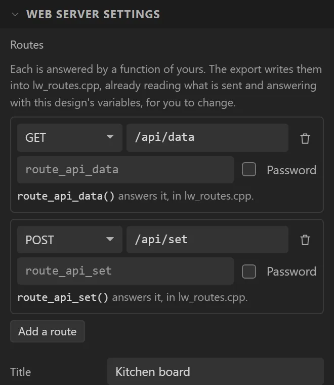 Web server settings with two routes: GET /api/data answered by route_api_data(), POST /api/set answered by route_api_set(), and Title Kitchen board.