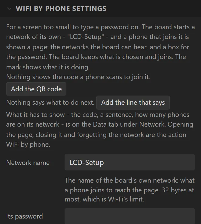 The top of the WiFi by phone settings: what it does, Add the QR code, Add the line that says, Network name LCD-Setup, Its password.
