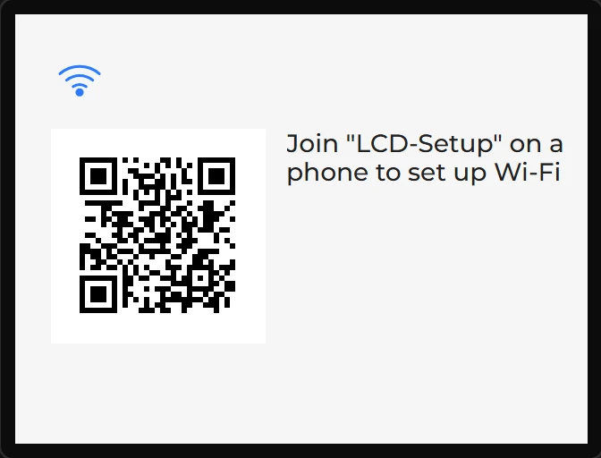 The Wi-Fi icon, a QR code under it, and beside the code the words Join LCD-Setup on a phone to set up Wi-Fi.