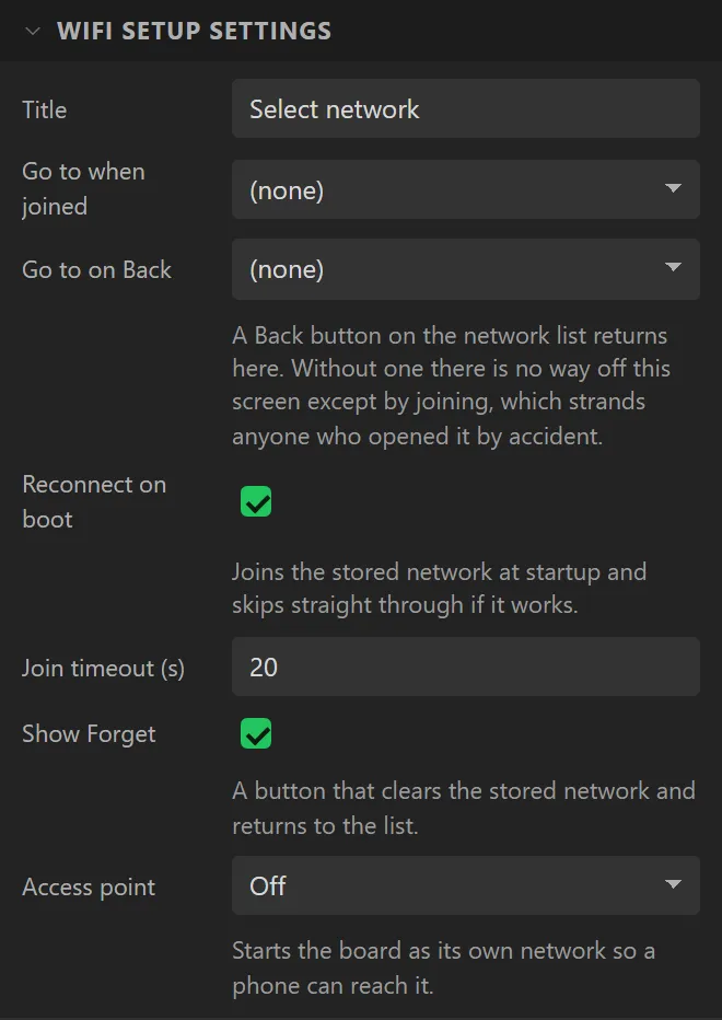 The WiFi Setup settings section: Title, Go to when joined, Go to on Back, Reconnect on boot, Join timeout, Show Forget, Access point.