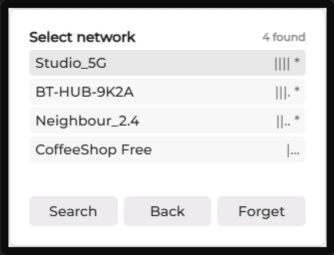 Preview of the WiFi Setup with three buttons at the bottom: Search, Back and Forget.