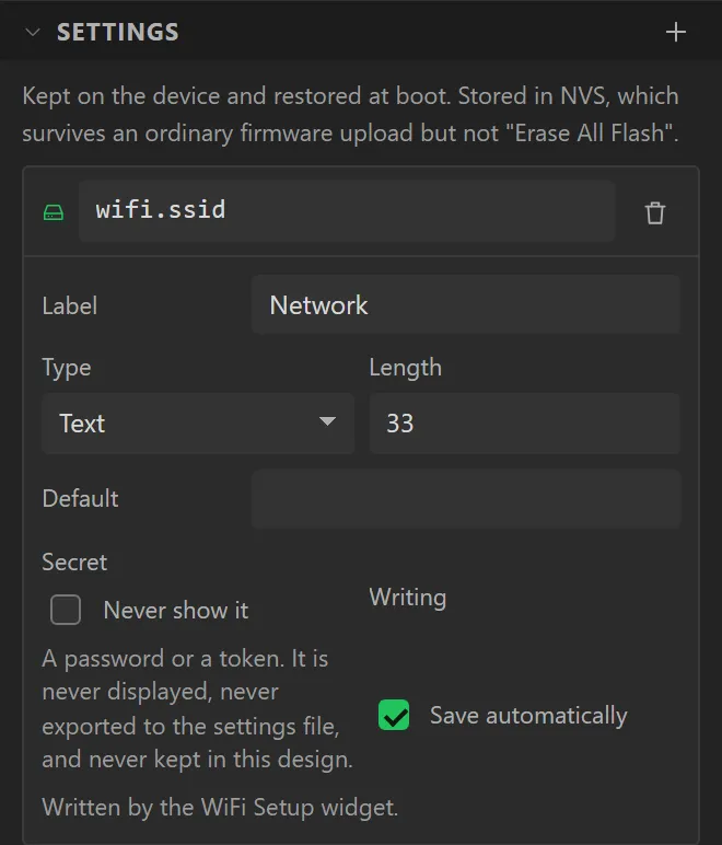 The Data tab's Settings section with the setting wifi.ssid: Label Network, Type Text, Length 33.