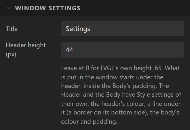 The Window settings section: Title Settings, Header height 44.