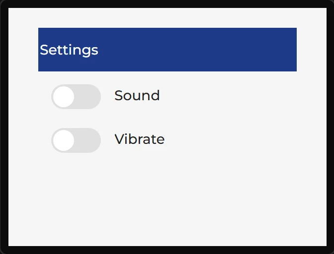 A window with a dark blue header bar titled Settings in white, and two switches labelled Sound and Vibrate below it.