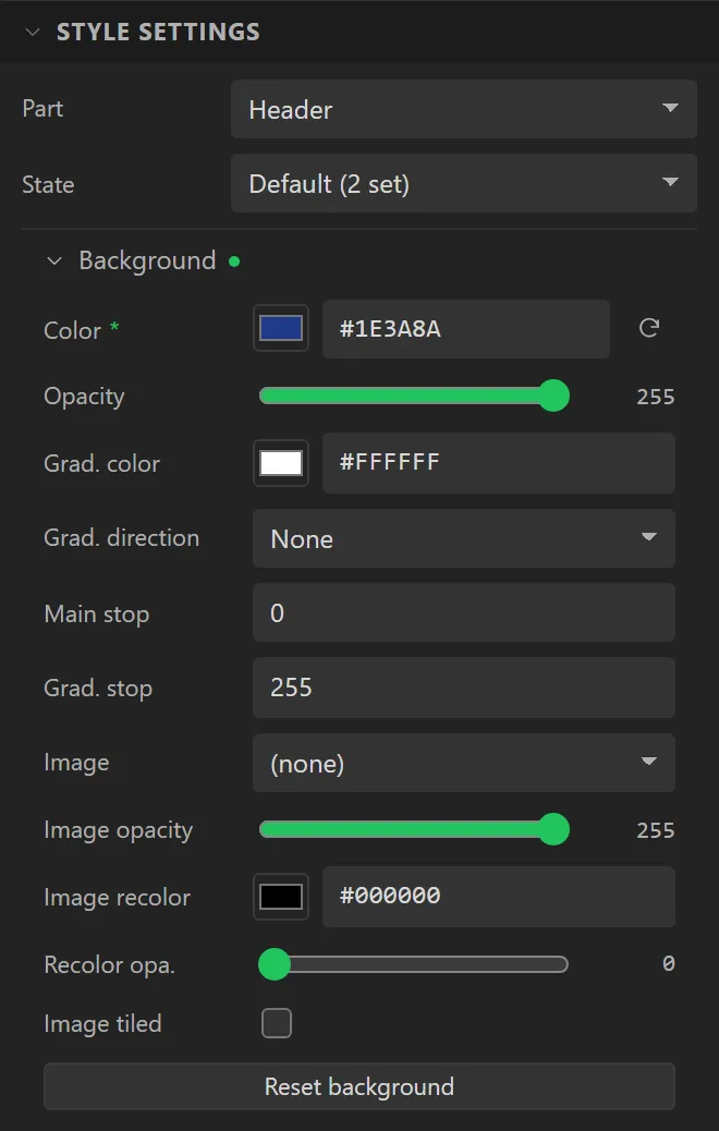 Style settings with Part set to Header and the Background group open: Color #1E3A8A marked as changed.