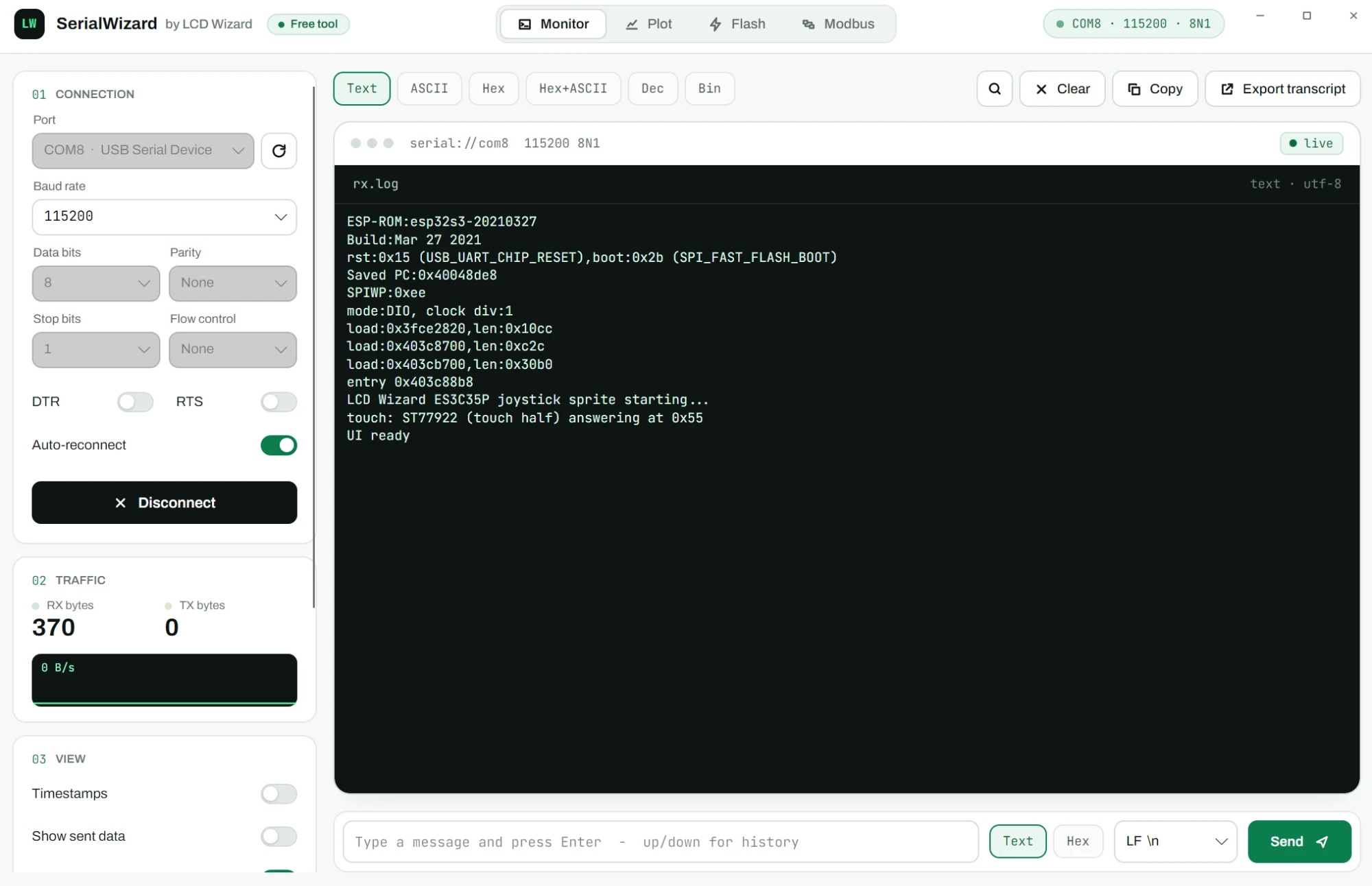 SerialWizard's Monitor tab connected to COM8 at 115200 baud, showing an ESP32-S3 boot log ending in 'UI ready'.